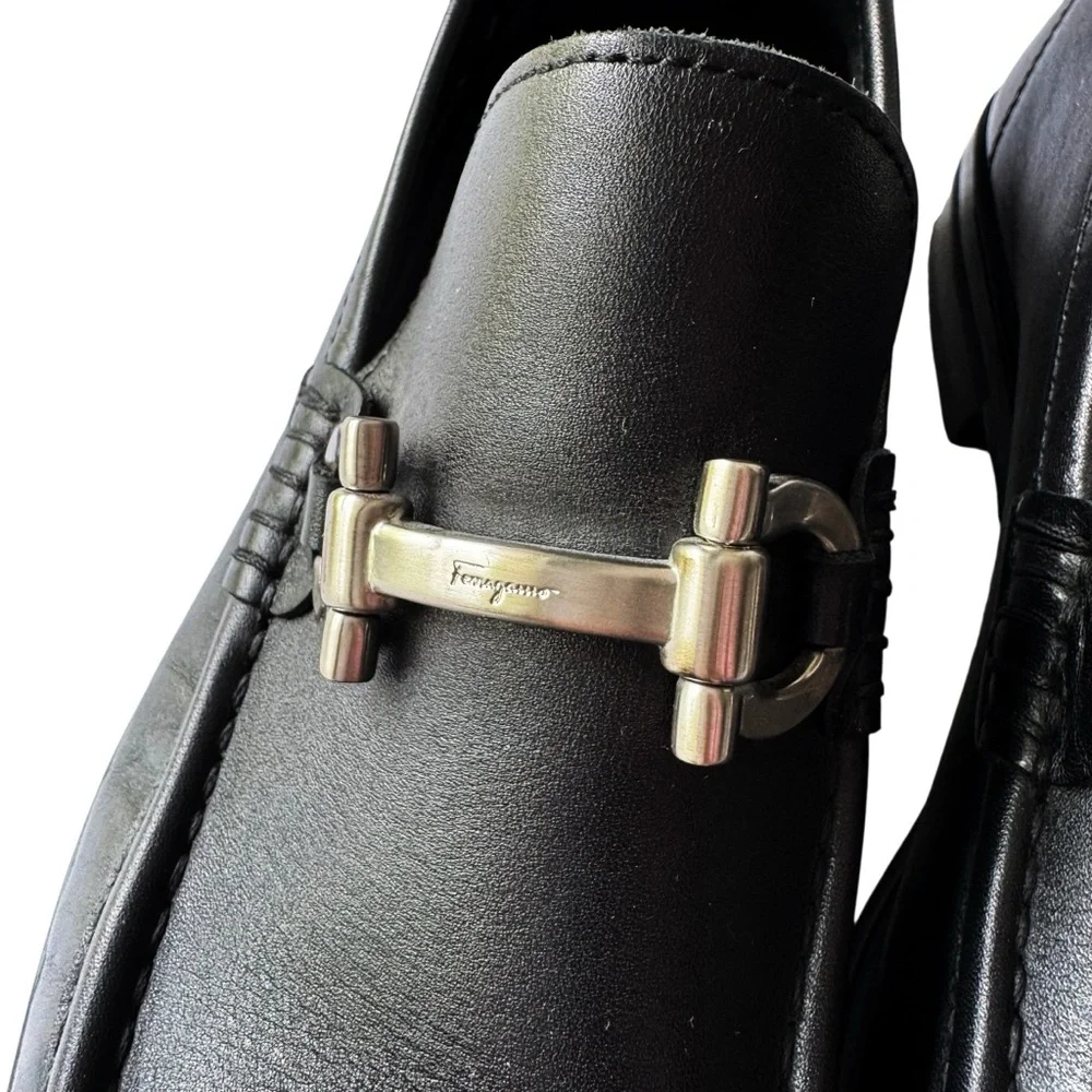 Ferragamo Black Leather Horsebit Loafers | 8